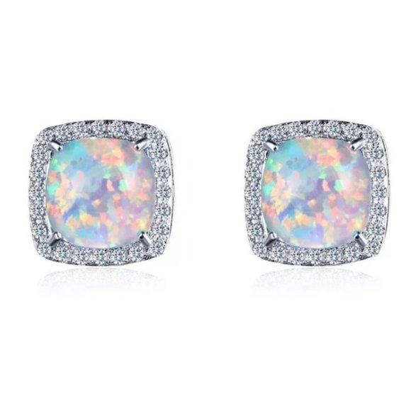 *18K White Gold White Opal Diamond Halo Earrings - Picture 4 of 6